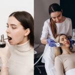The image shows two scenes involving medical or wellness treatments. On the left, a woman is receiving a throat examination using a specialized medical instrument. On the right, another woman is lying down as a healthcare professional performs a facial treatment using a handheld device, likely a skincare procedure involving cryotherapy or a similar technique. Both scenes suggest a focus on health, wellness, and advanced medical or cosmetic treatments.