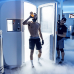 An athlete steps out of a cryotherapy chamber surrounded by cold vapor, wearing protective gloves and drinking from a bottle post-session. A technician assists nearby, with nitrogen tanks visible in the background used to cool the chamber for whole-body cryotherapy.