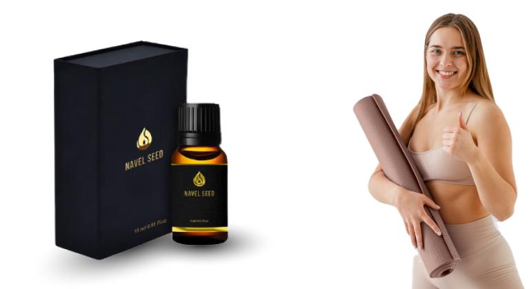 Woman holding a yoga mat and giving a thumbs up next to a bottle and box of navel seed oil, promoting wellness and daily self-care