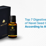 Bottle and box of navel seed oil displayed next to the text “Top 7 Digestive Benefits of Navel Seed Oil According to Ayurveda