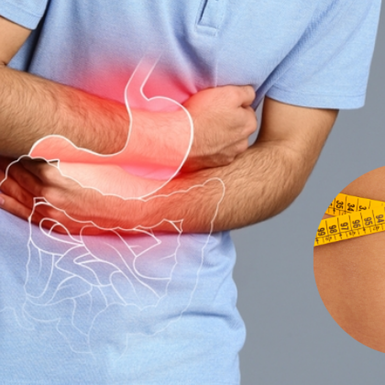 Man clutching his stomach in pain with a highlighted digestive system, indicating abdominal discomfort or digestive issues. Inset image of a belly with a measuring tape around it, possibly representing navel displacement or digestive imbalance.