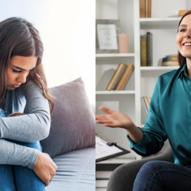 Side-by-side image showing a woman sitting on a couch looking anxious and stressed (left), and the same woman during a therapy session, appearing happy and engaged (right).