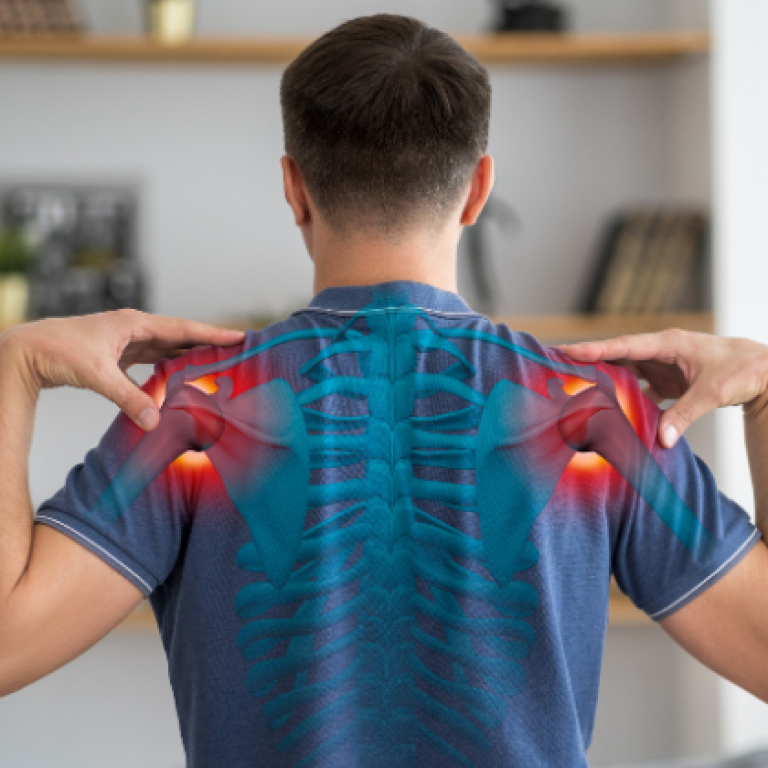 Man experiencing shoulder pain with highlighted areas of discomfort